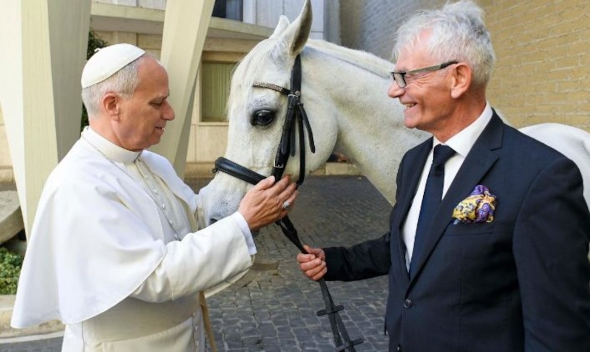 Papa León XVI recibe caballo árabe de purasangre como regalo de un feligrés