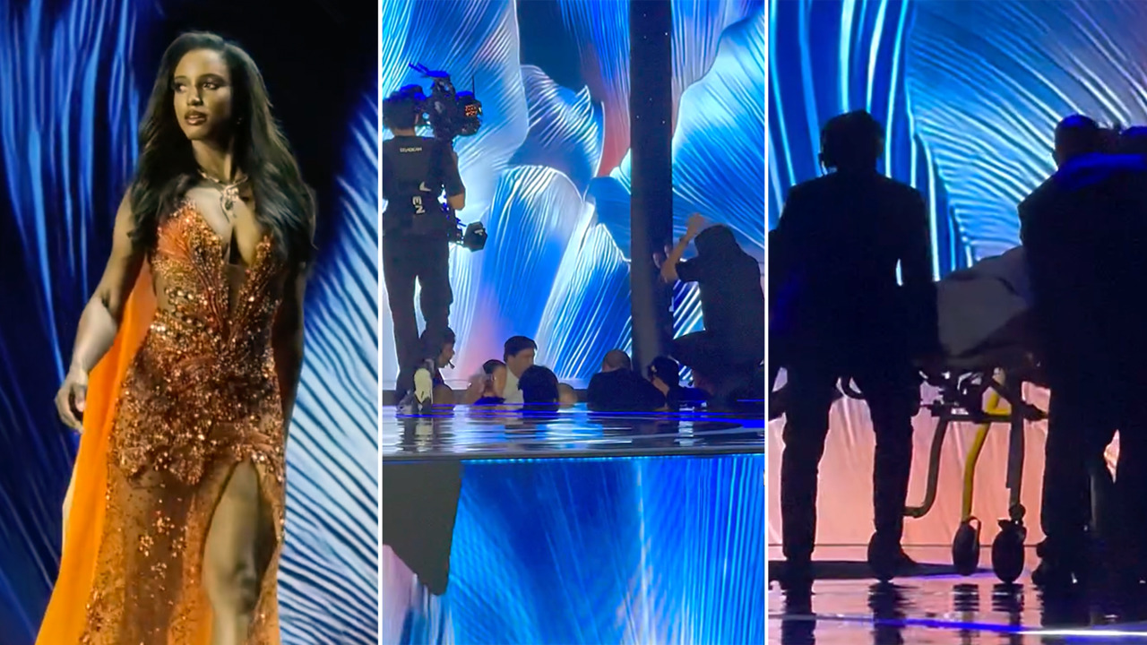 Miss Jamaica sufre devastadora caída en Miss Universe y la sacan en camilla