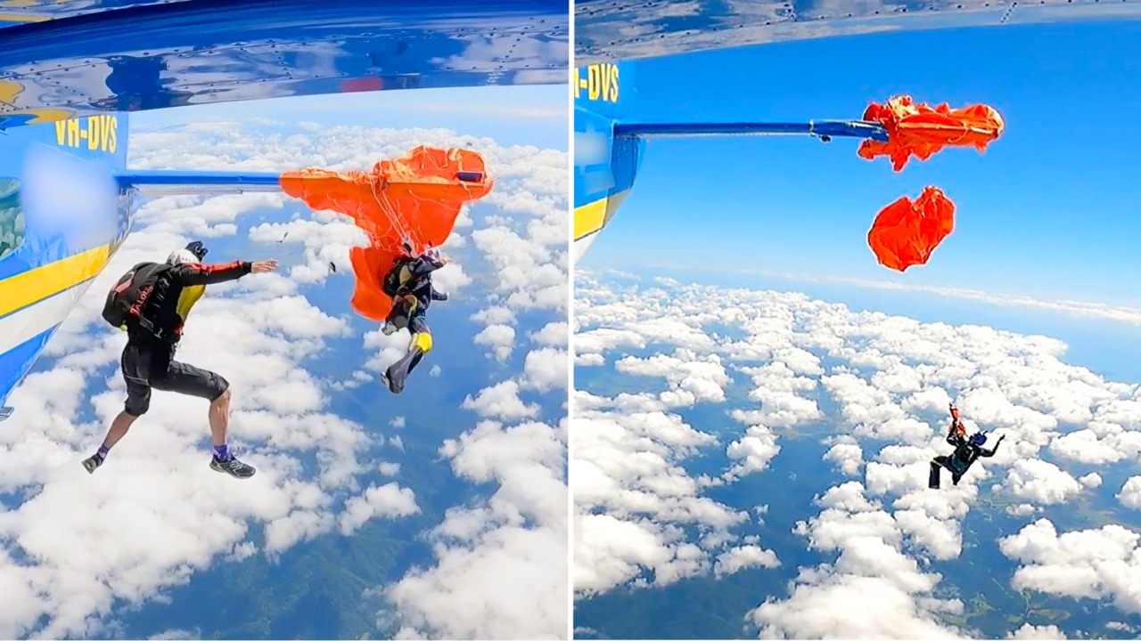 ¡Escalofriante! Paracaidista cuelga en las alturas tras accidente con su paracaídas